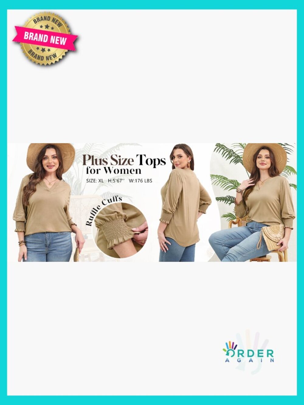 3/4 Sleeve Blouse V Neck Puff Sleeve Boho Top Dressy Casual Summer Spring Work - Picture 7 of 7